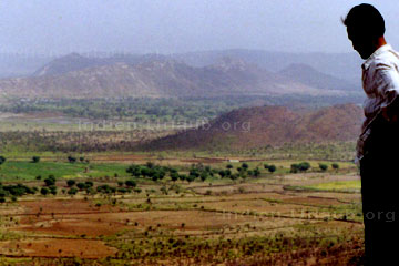 Kulturlandschaft, Ackerflächen, Bäume und Landschaft mit Hügeln im indischen Bundesstaat Gujarat.