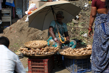 Eine Inderin die frischen Ingwer am Straßenrand verkauft.